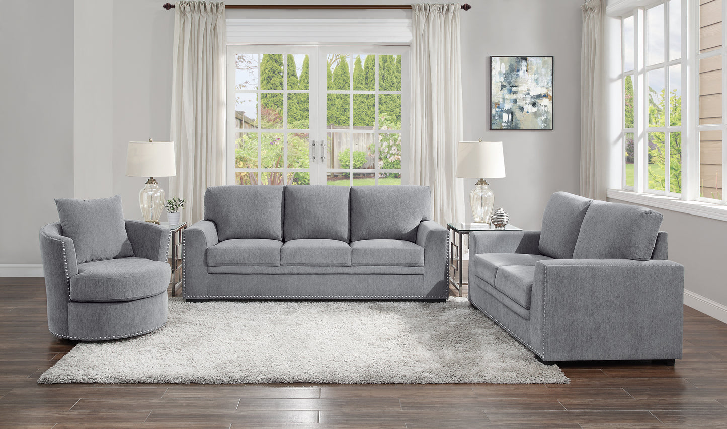 Homelegance Morelia Swivel Accent Chair in Gray Chenille with Nailhead Trim 9468DG-1