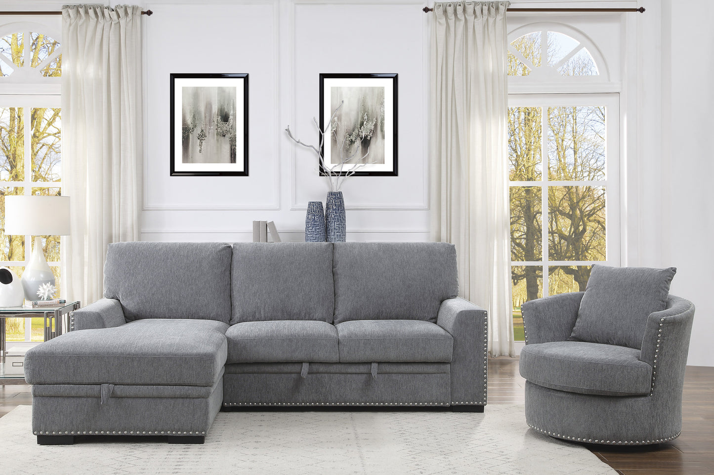 Homelegance Morelia Swivel Accent Chair in Gray Chenille with Nailhead Trim 9468DG-1