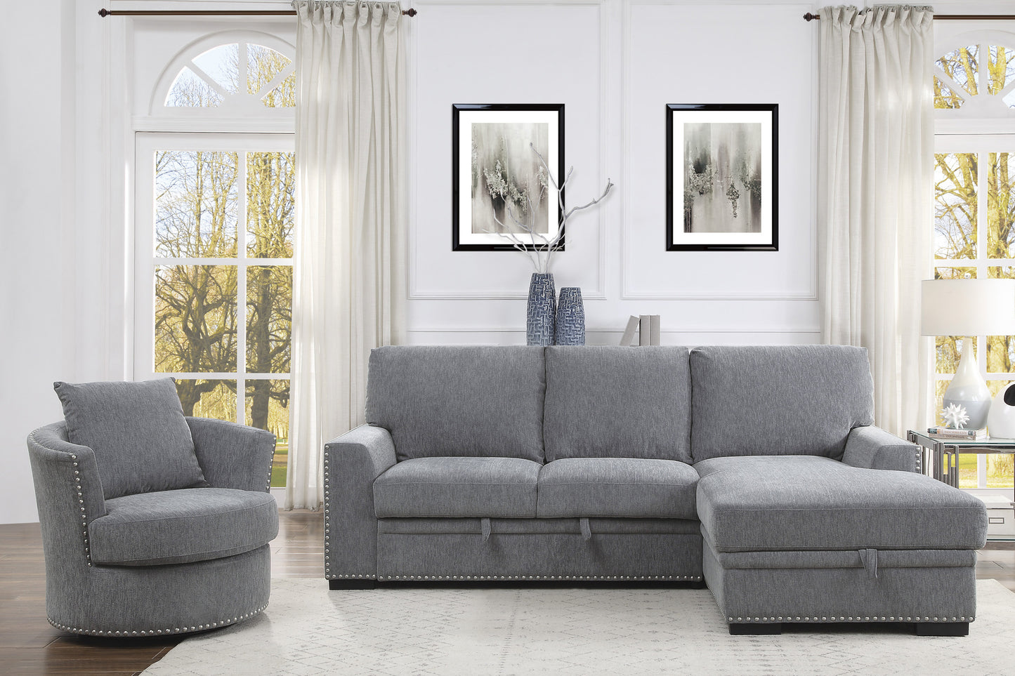 Homelegance Morelia Sectional Sofa Soft Gray Chenille with Pull-Out Bed 9468DG-2RC2L