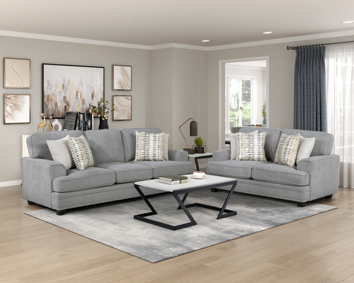 Homelegance Bradford Loveseat in Gray Chenille with Nailhead Trim 9648GY-2