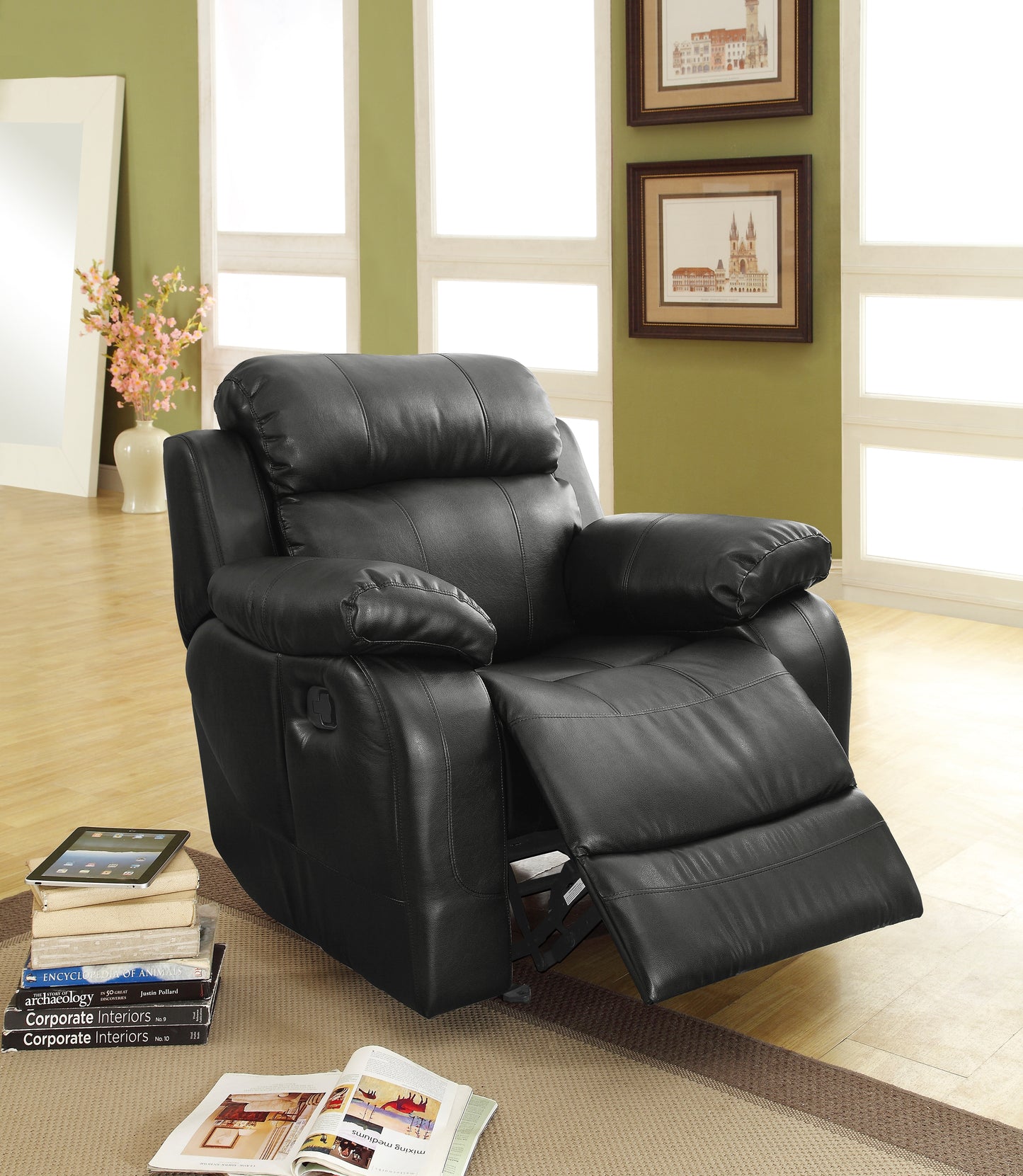 Homelegance Marille Glider Recliner Chair in Black Faux Leather 9724BLK-1