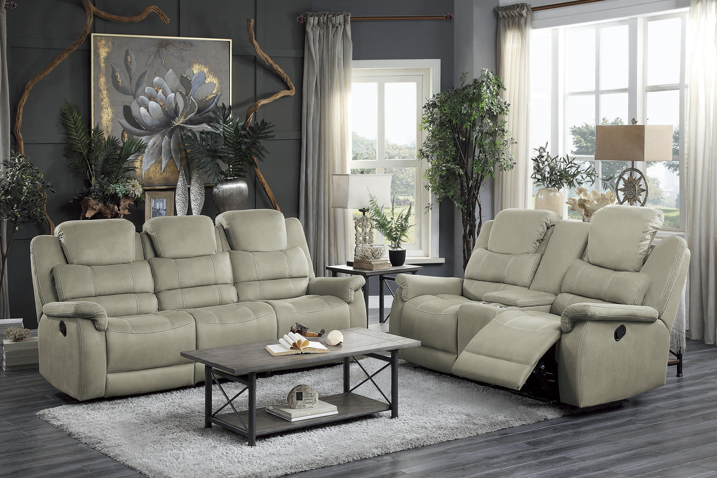 Homelegance Shola Gray Polished Microfiber Double Reclining Sectional Sofa 9848GY-3