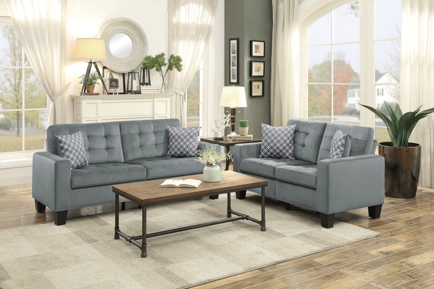 Homelegance Lantana Loveseat Gray Microfiber Upholstery Tufted Detail 9957GY-2