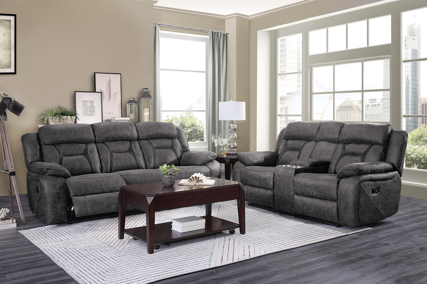 Homelegance Madrona Hill Gray Reclining Loveseat with Center Console 9989GY-2