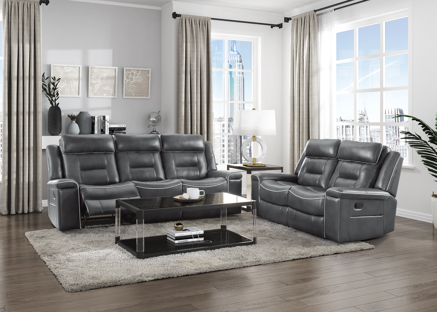 Homelegance Darwan Dark Gray Faux Leather Dual Reclining Sectional Sofa 9999DG-3