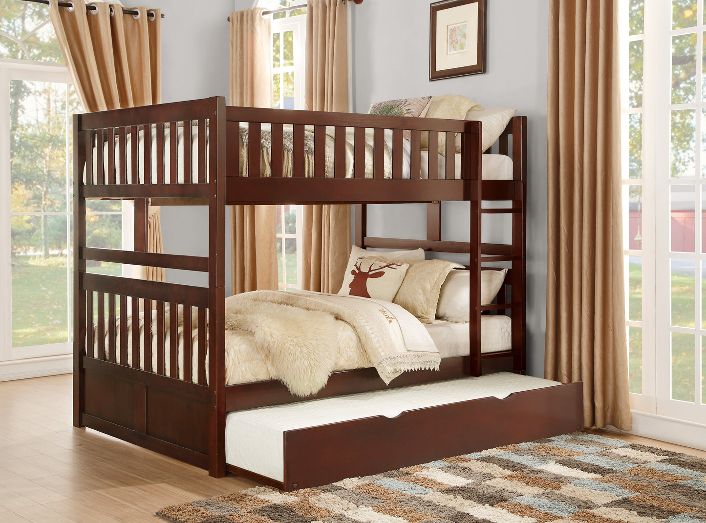 Homelegance Rowe Full/Full Bunk Bed with Twin Trundle Dark Cherry B2013FFDC-1-R