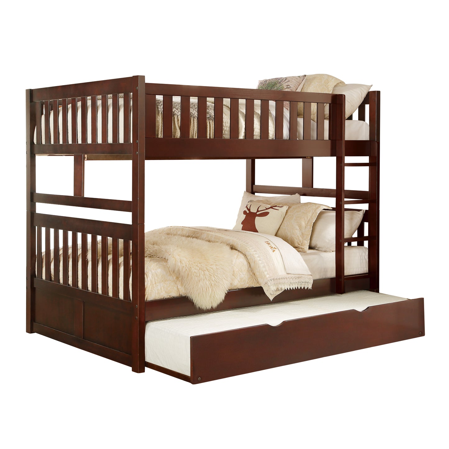Homelegance Rowe Full/Full Bunk Bed with Twin Trundle Dark Cherry B2013FFDC-1-R