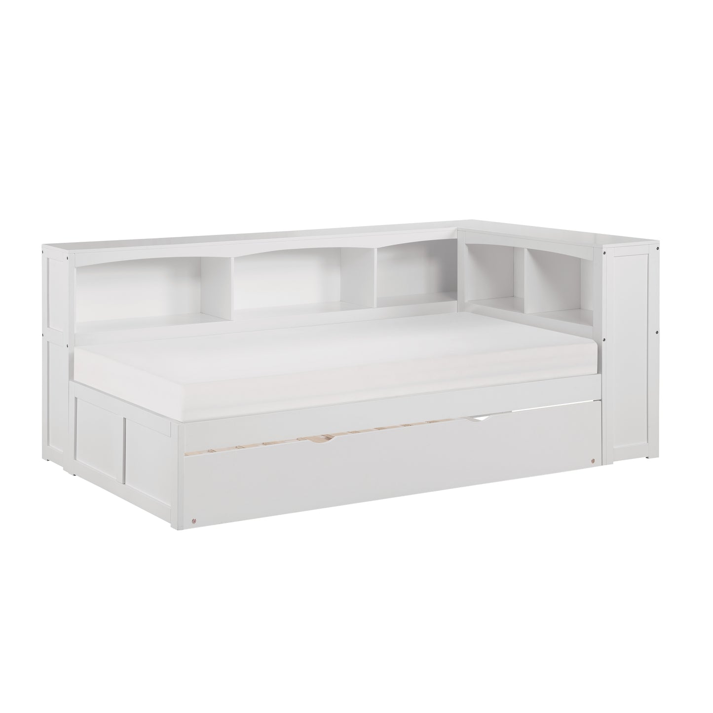 Homelegance Twin Bookcase Corner Bed with Twin Trundle in Chic White B2053BCW-1BCR