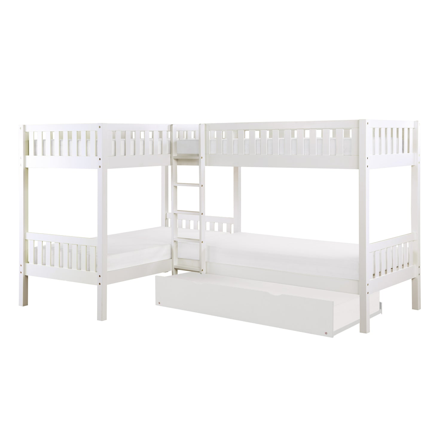 Homelegance Corner Bunk Bed with Twin Trundle in Crisp White B2053CNW-1R