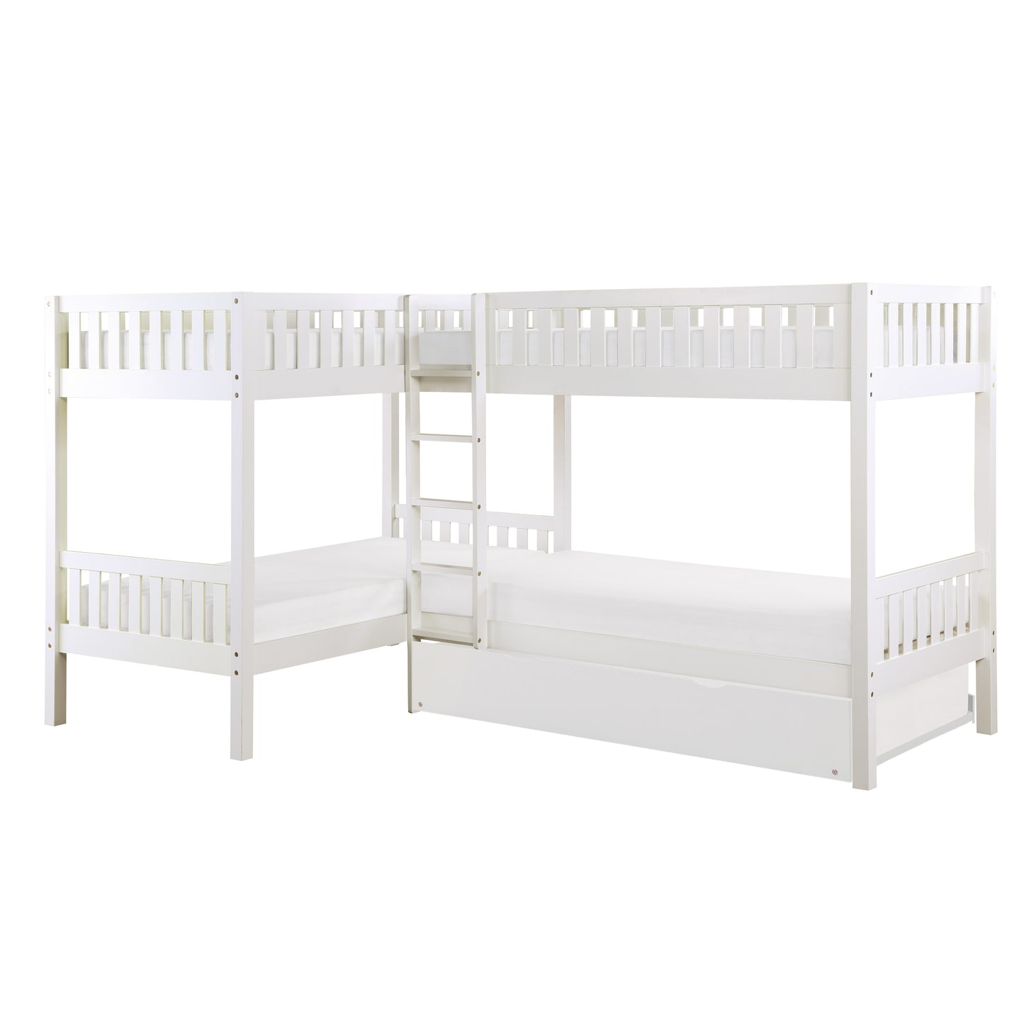 Homelegance Corner Bunk Bed with Twin Trundle in Crisp White B2053CNW-1R