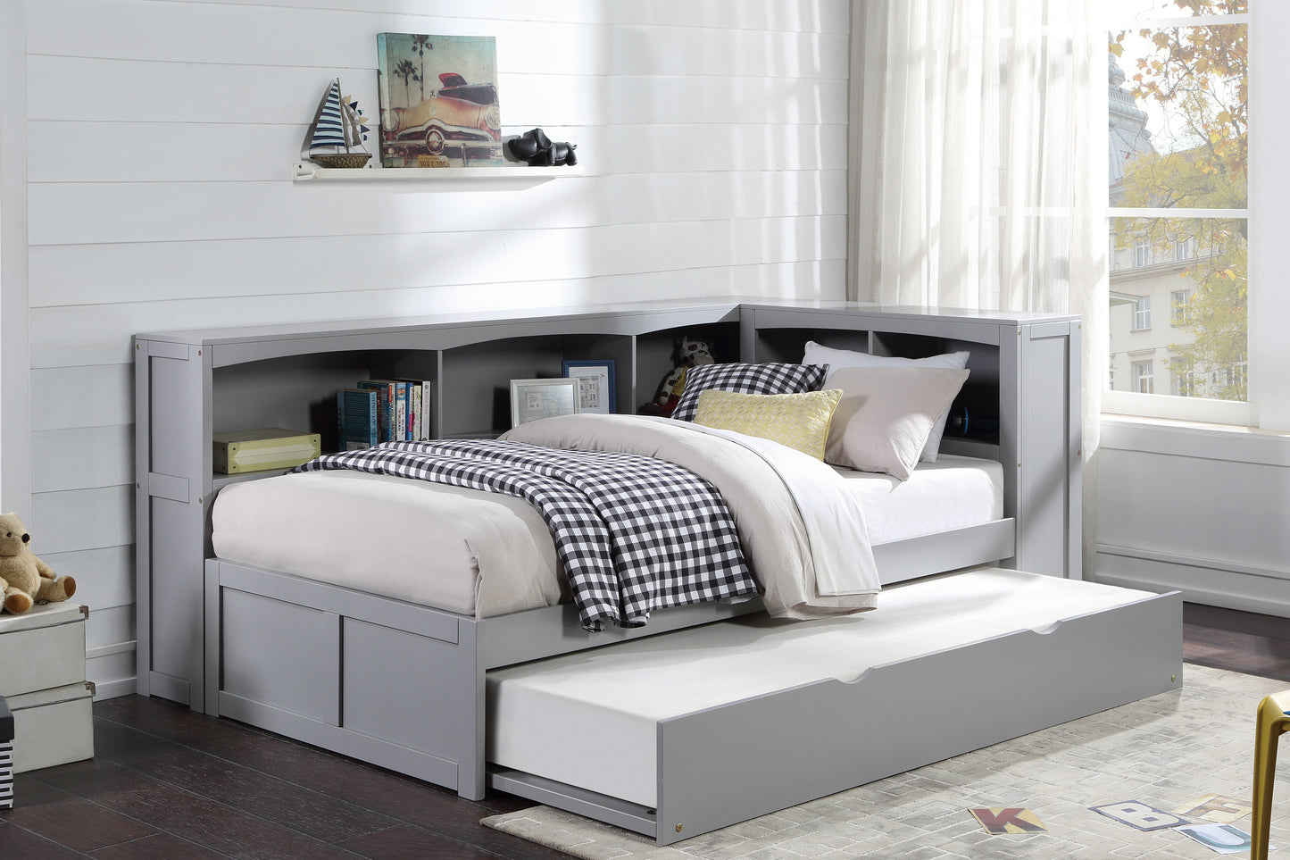 Homelegance Twin Bookcase Corner Bed with Twin Trundle Gray B2063BC-1BCR