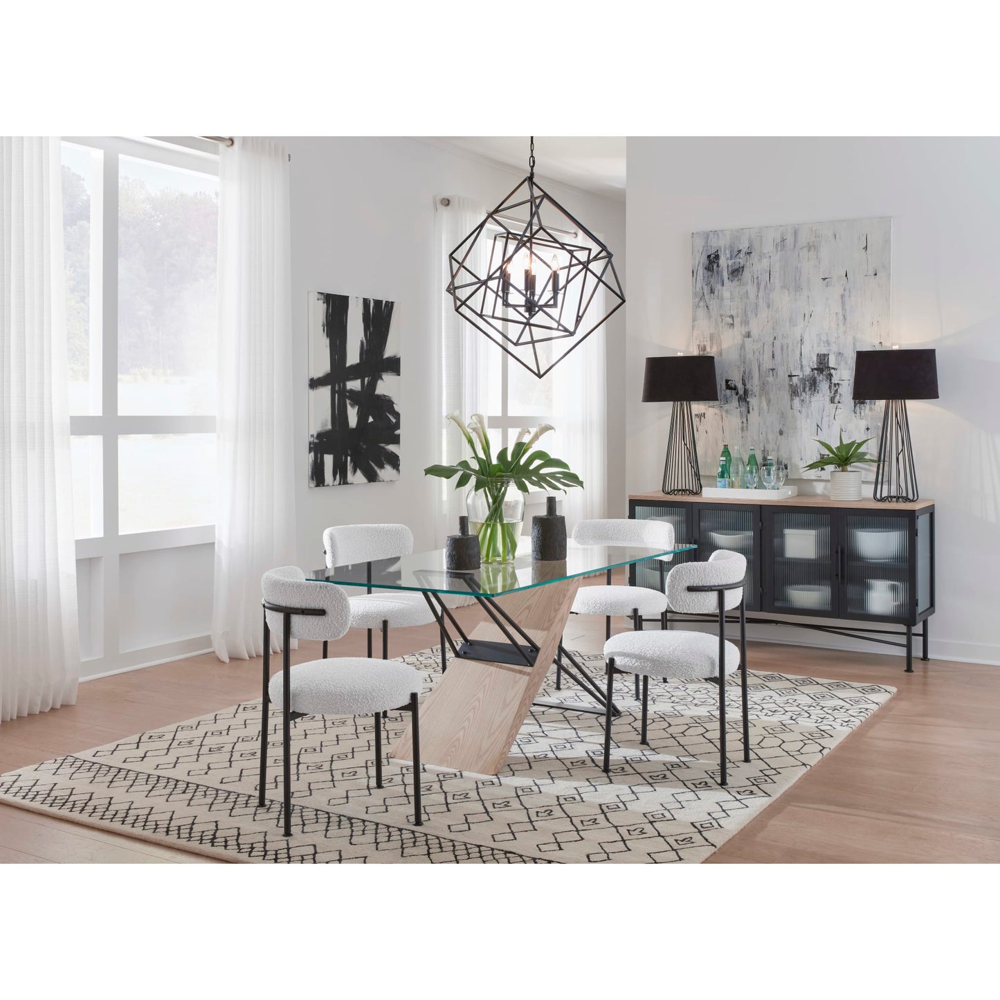 Modus Aere Boucle Upholstered Metal Leg Dining Chair in Ivory and Black