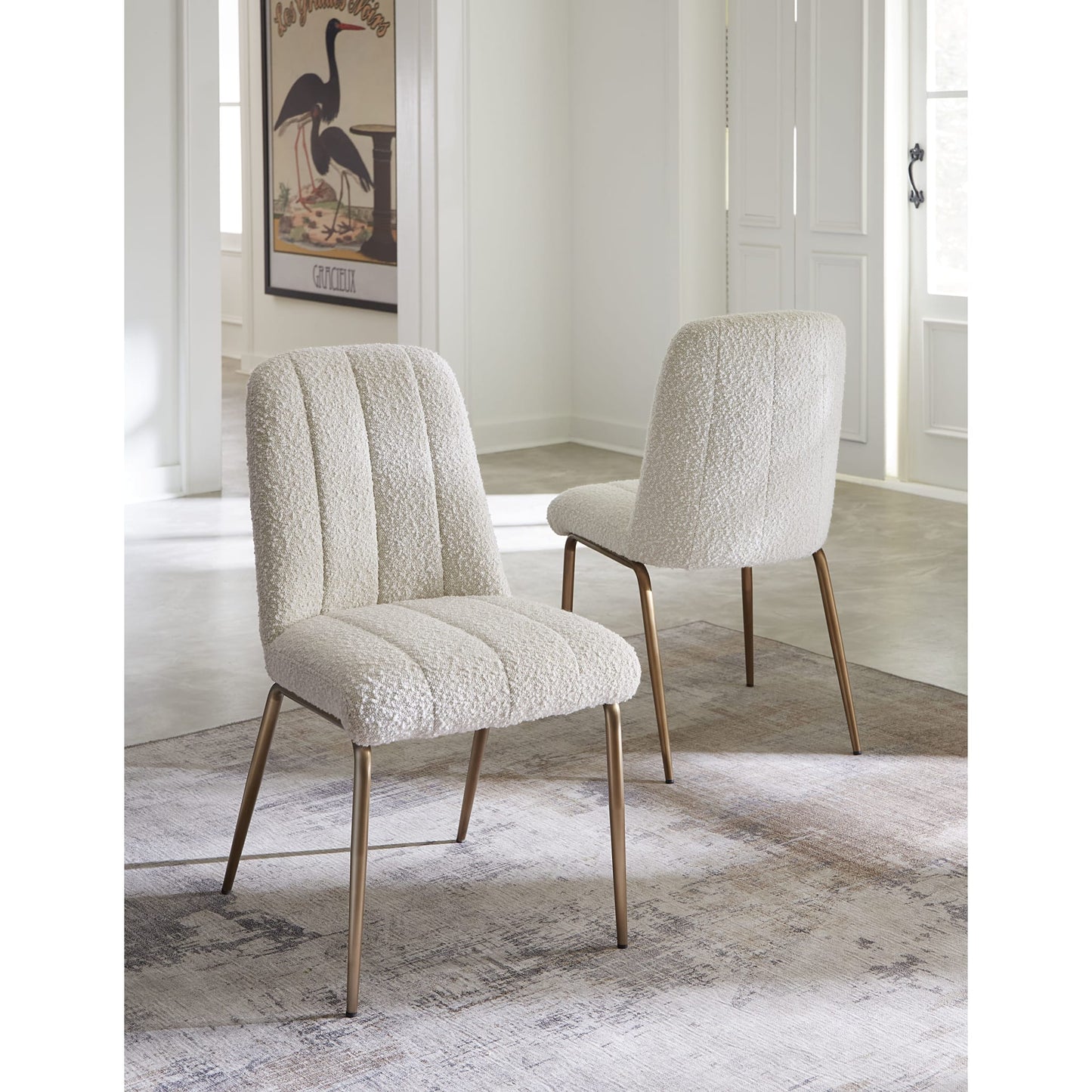 Modus Apollo Upholstered Dining Chair in Ricotta Boucle and Brushed Bronze Metal