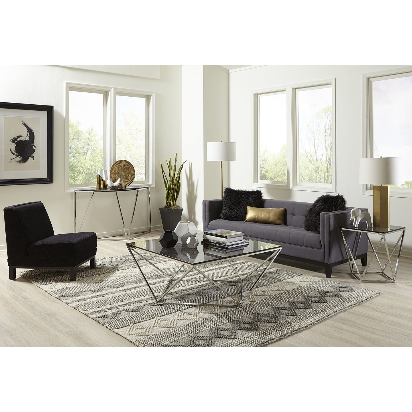 Modus Aria Smoked Glass and Polished Stainless Steel Console Table