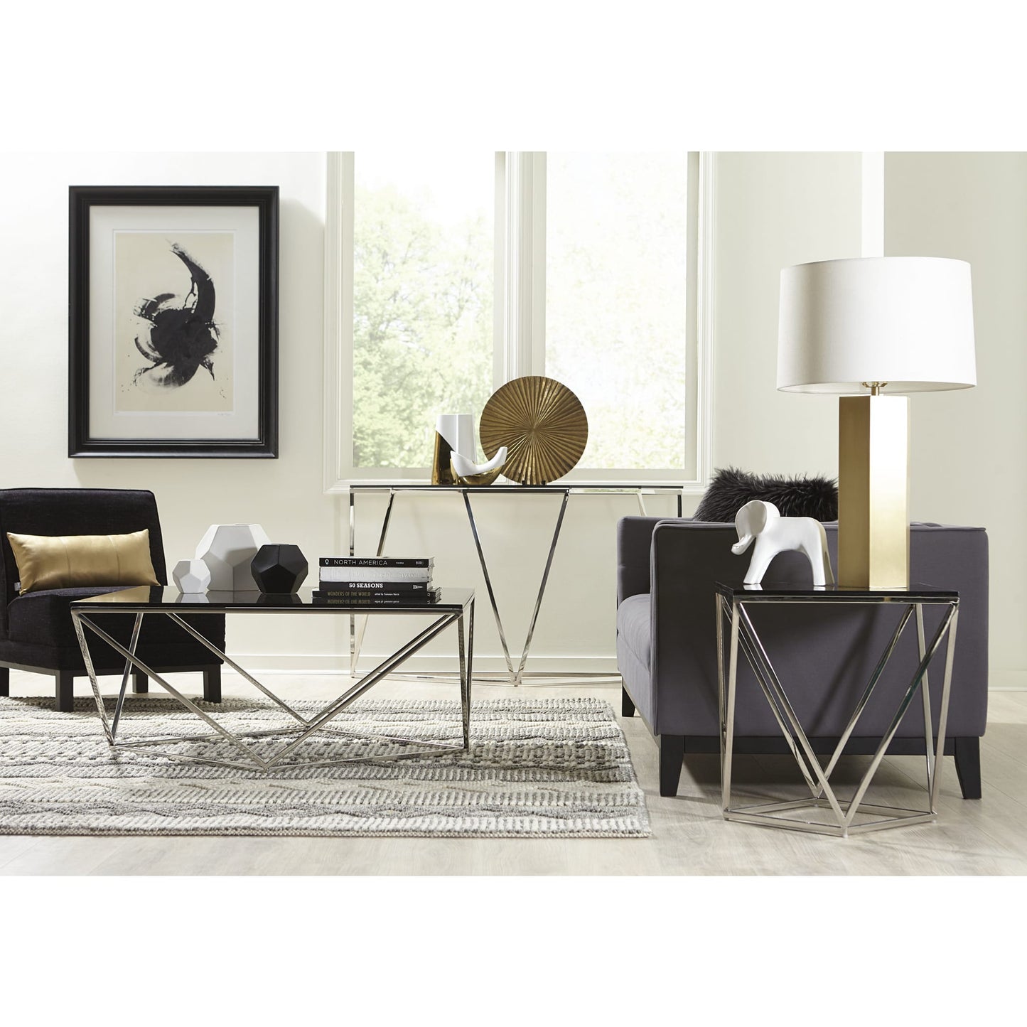 Modus Aria Smoked Glass and Polished Stainless Steel Console Table