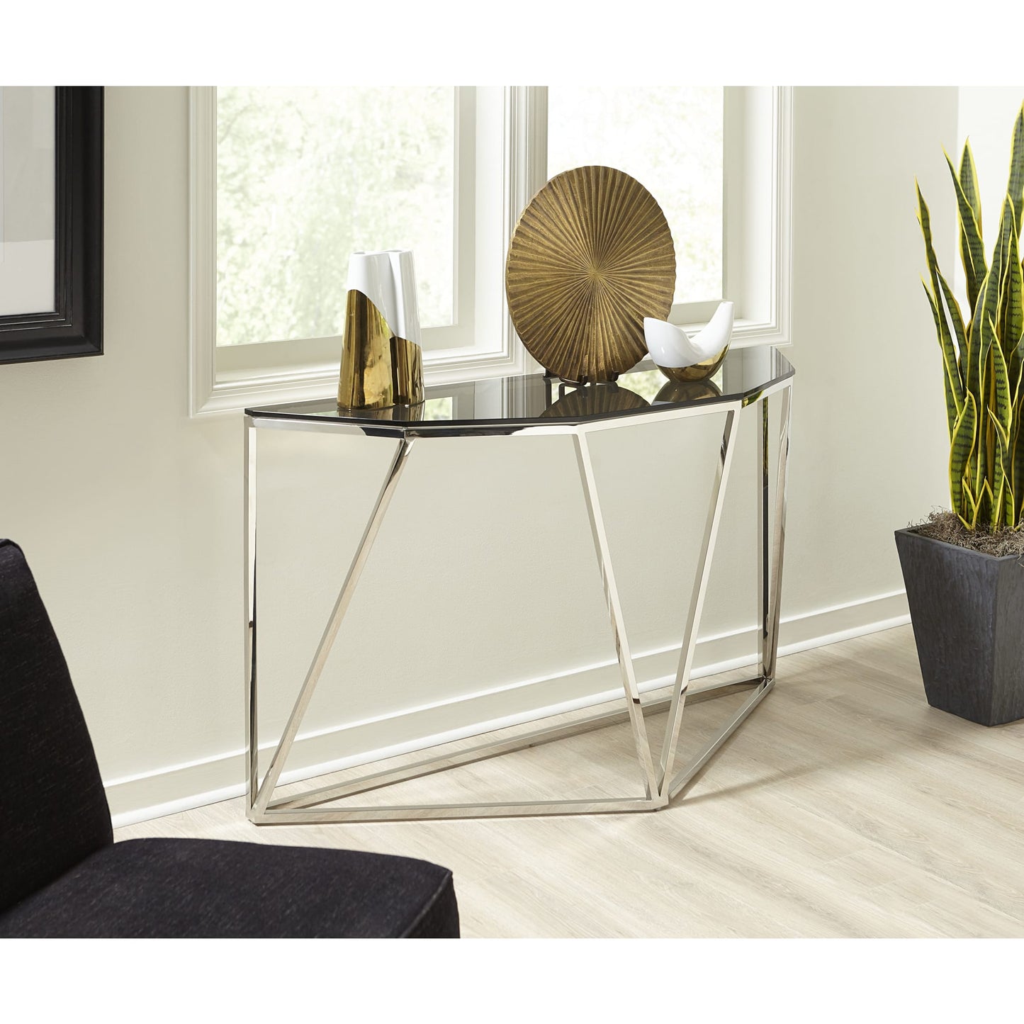 Modus Aria Smoked Glass and Polished Stainless Steel Console Table
