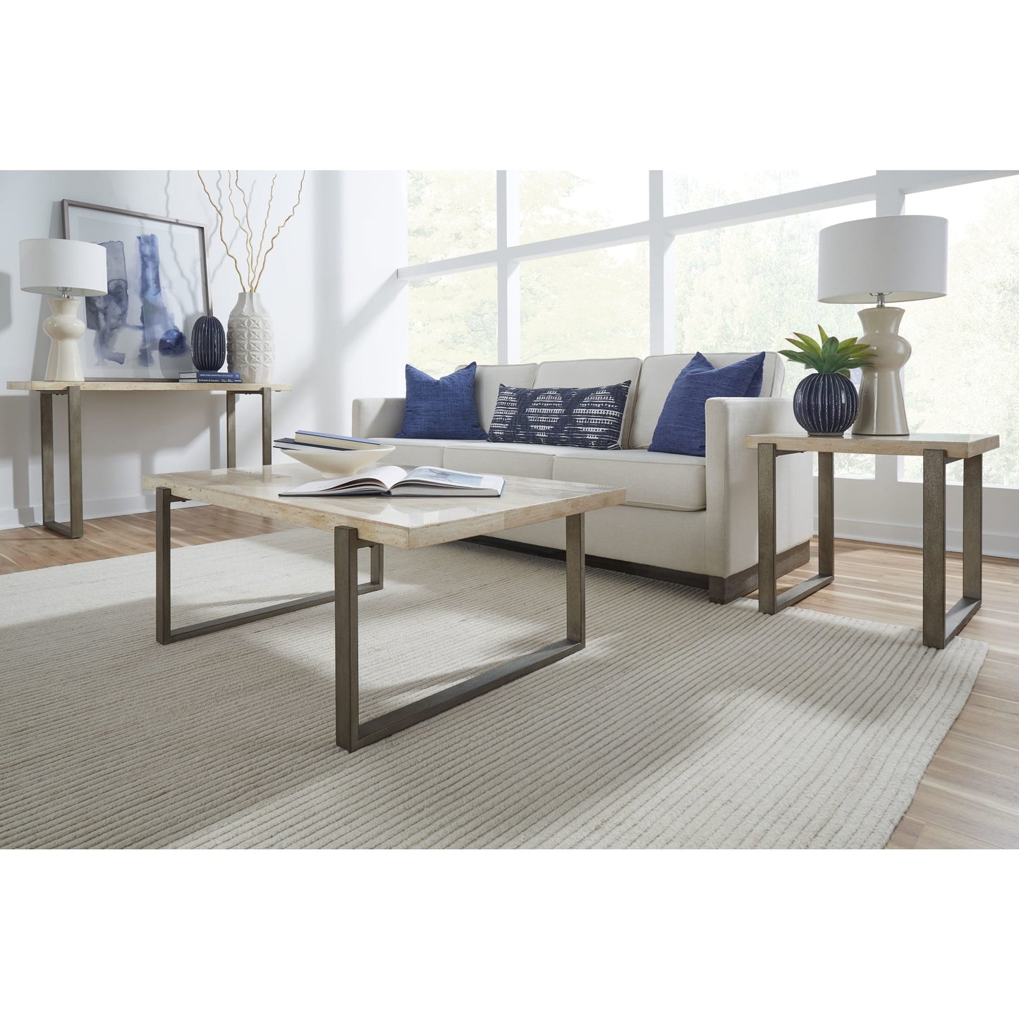Modus Ariela Natural Travertine Console Table with Bronze Metal Base