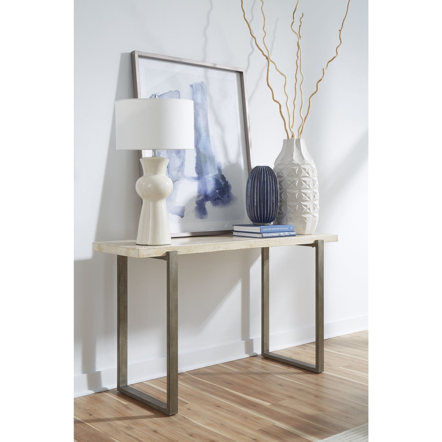 Modus Ariela Natural Travertine Console Table with Bronze Metal Base