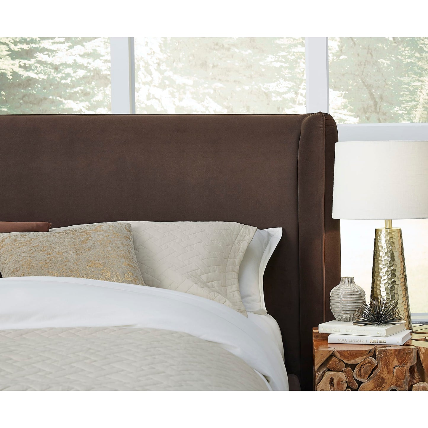 Modus Bacall Velvet Upholstered Wingback Platform Bed in Cola