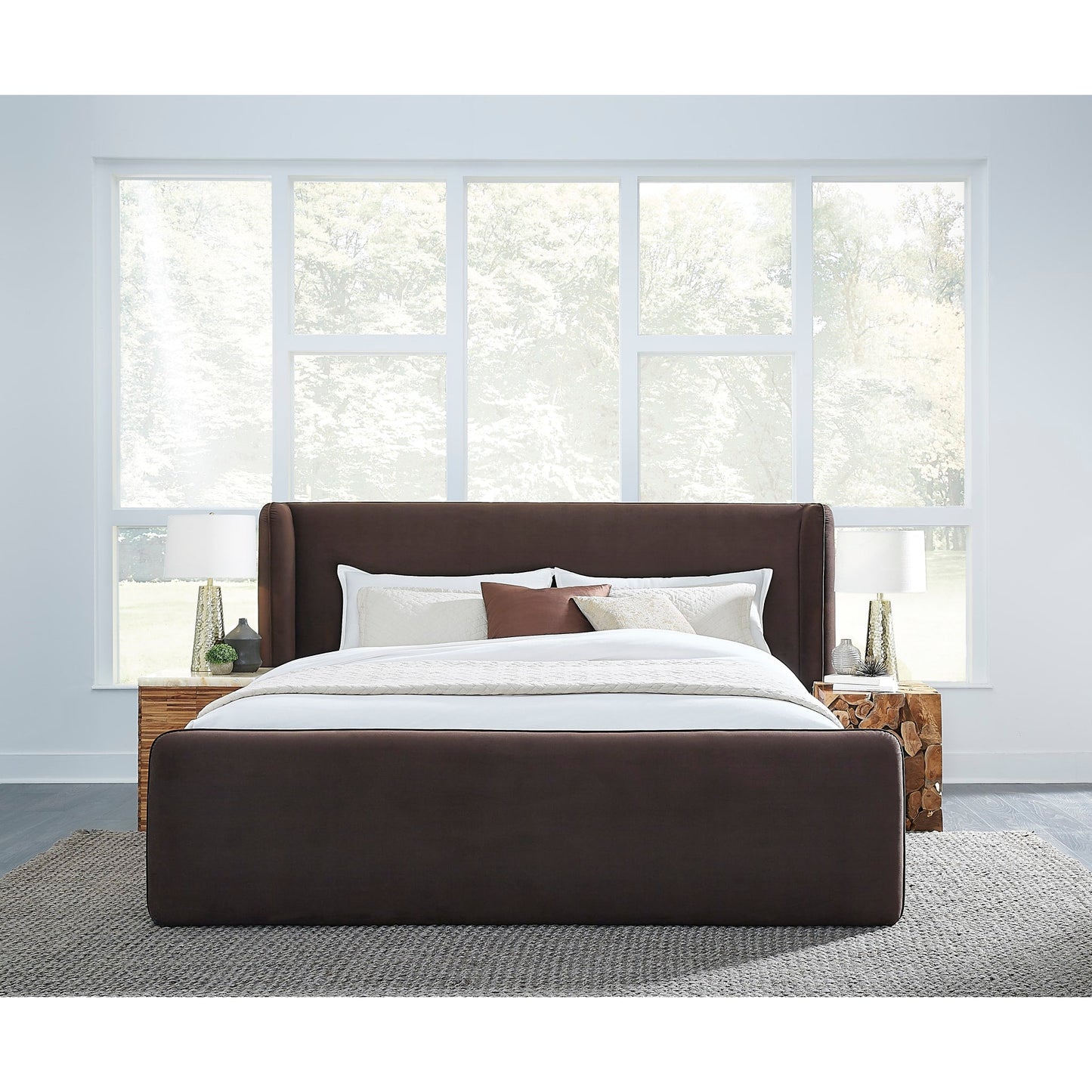 Modus Bacall Velvet Upholstered Wingback Platform Bed in Cola
