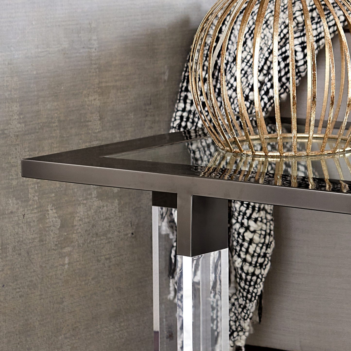 Modus Bastian End Table in Clear Acrylic and Gunmetal Polished Stainless Steel