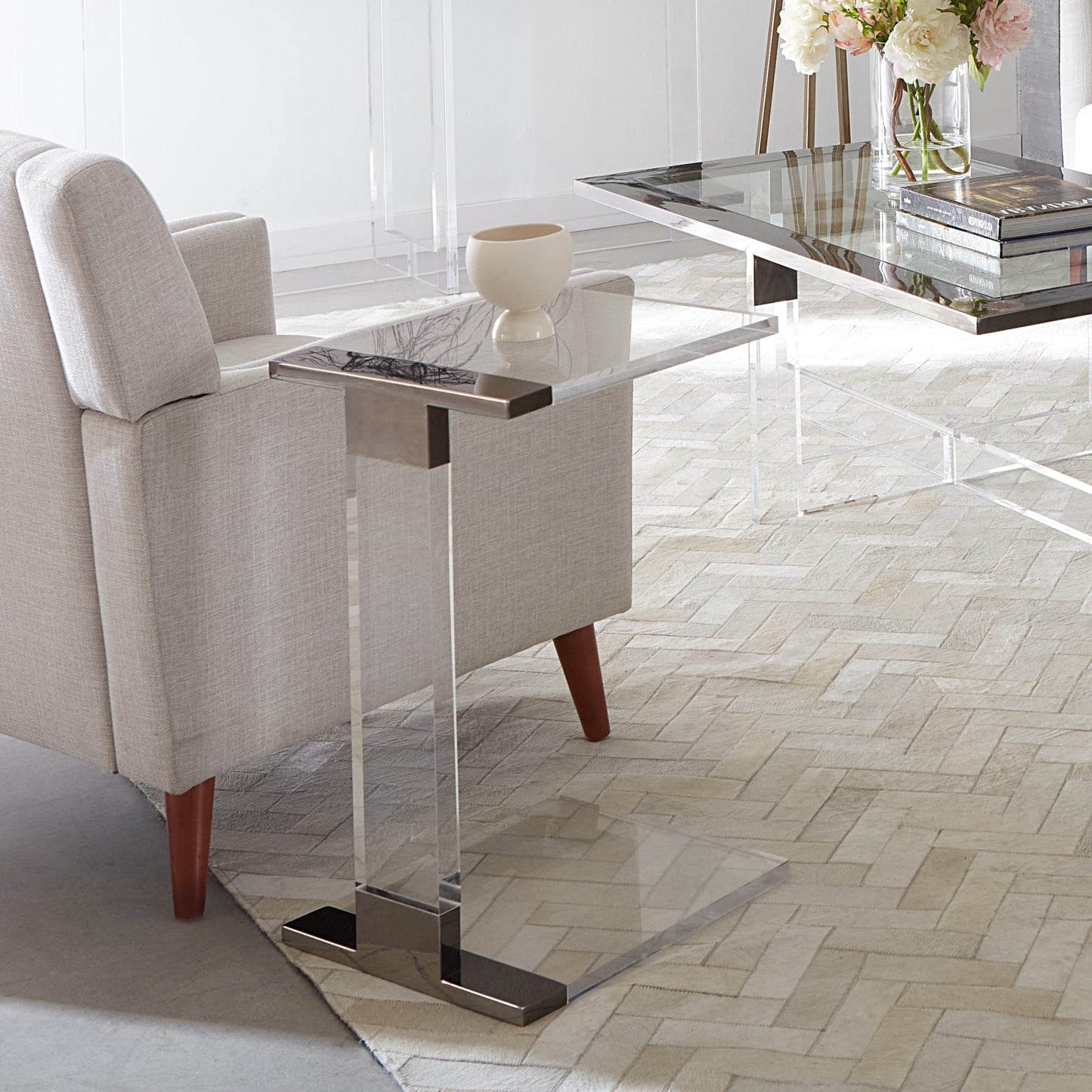 Modus Bastian Small End Table in Clear Acrylic and Gunmetal Polished Stainless Steel