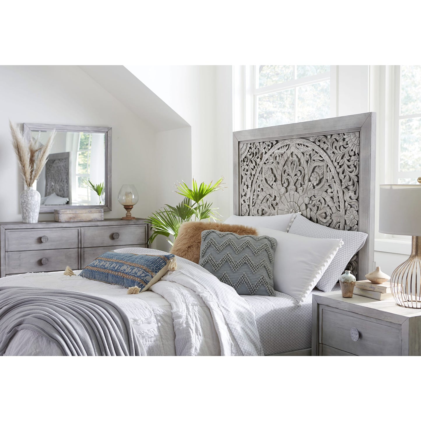 Modus Boho Chic Carved Platform Bed in Washed White