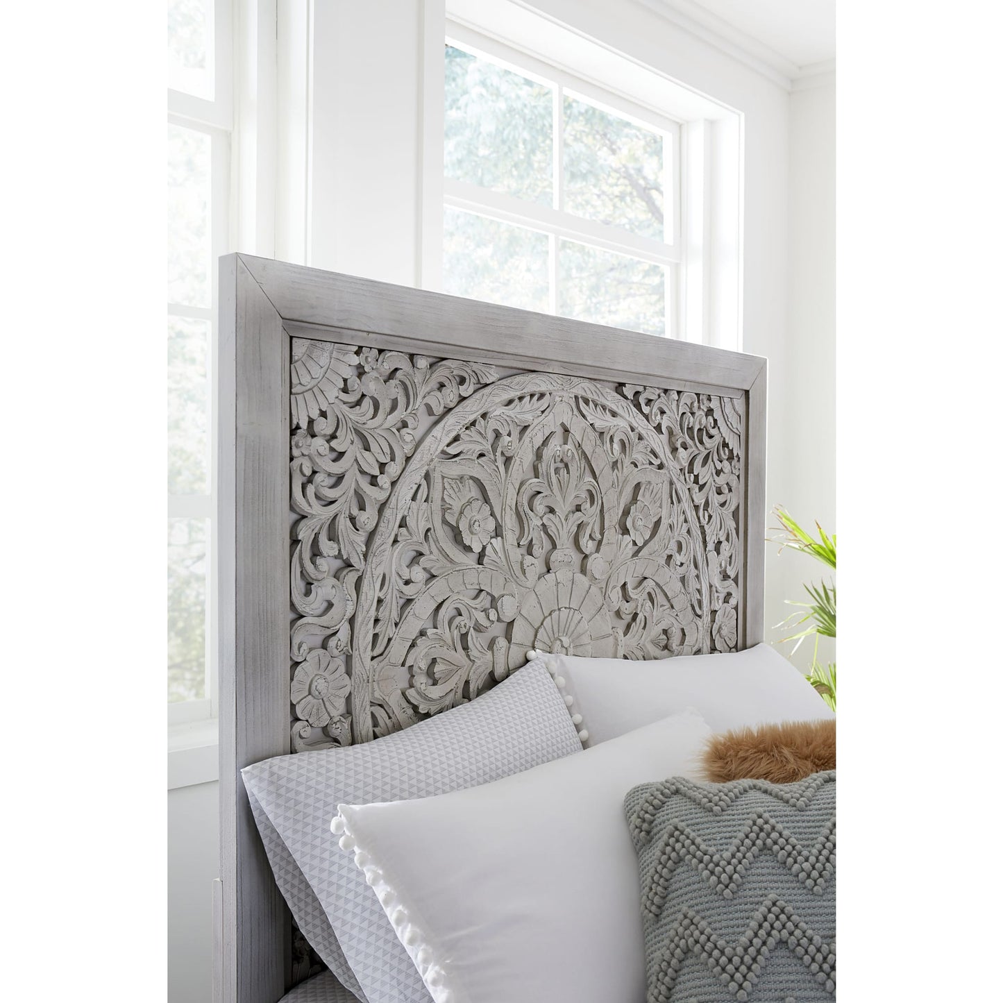 Modus Boho Chic Carved Platform Bed in Washed White