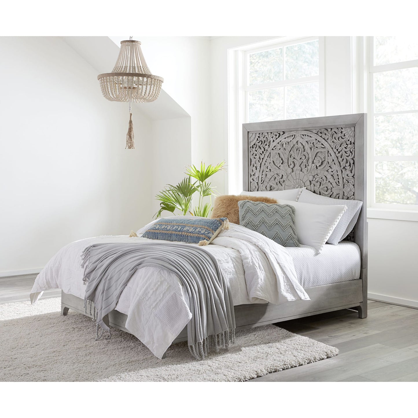 Modus Boho Chic Carved Platform Bed in Washed White