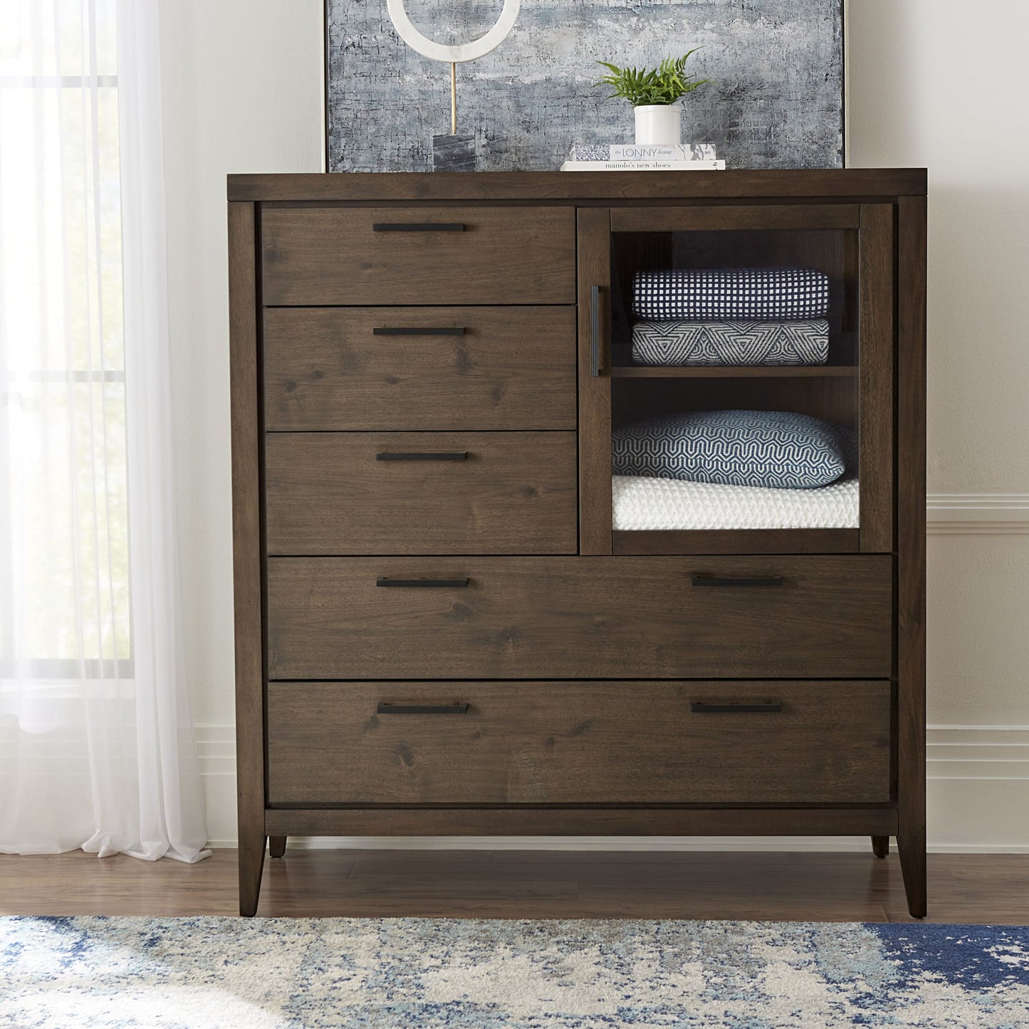 Modus Boracay Five Drawer One Door Walnut Sweater Chest in Wild Oats Brown