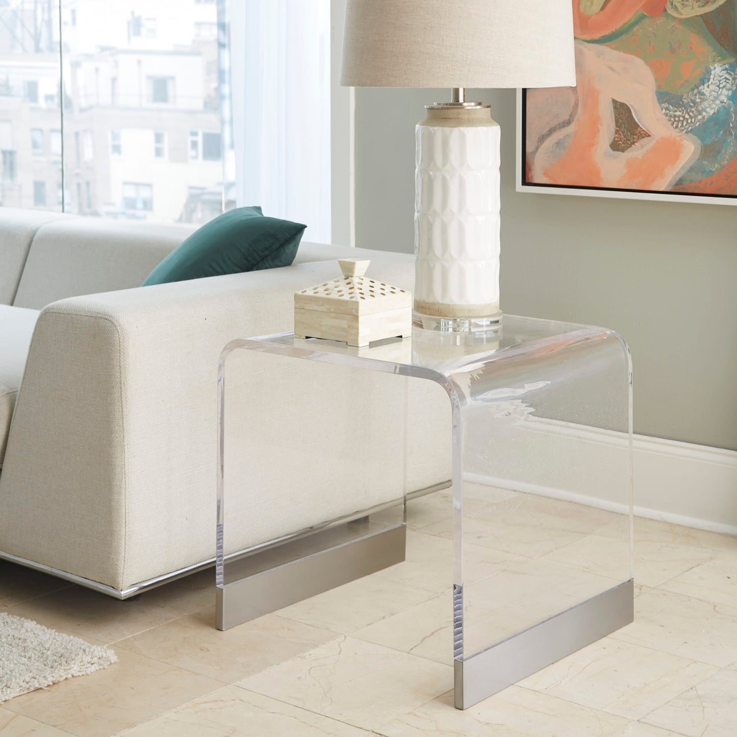 Modus Bowie End Table in Clear Acrylic and Brushed Stainless Steel