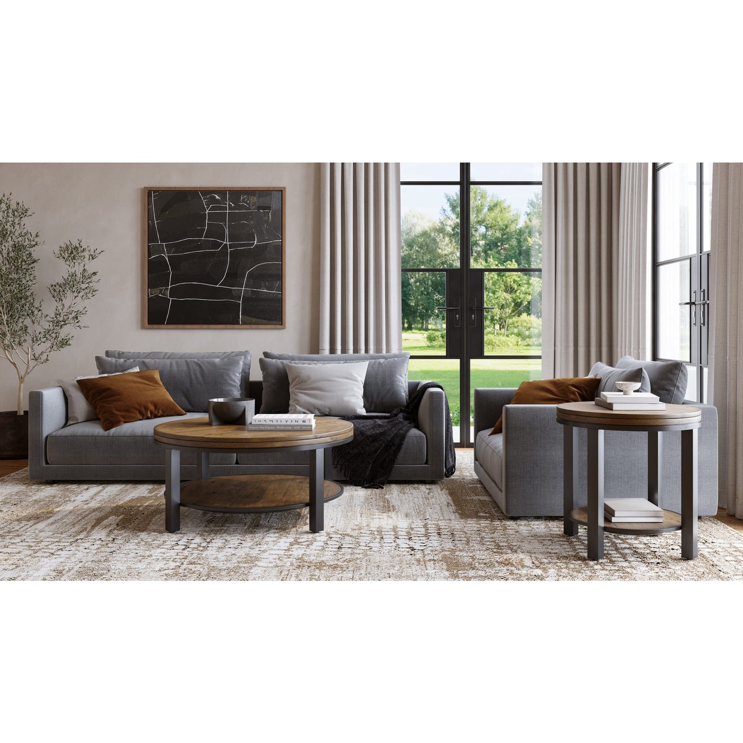 Modus Canyon Solid Wood and Metal Round End Table in Washed Grey