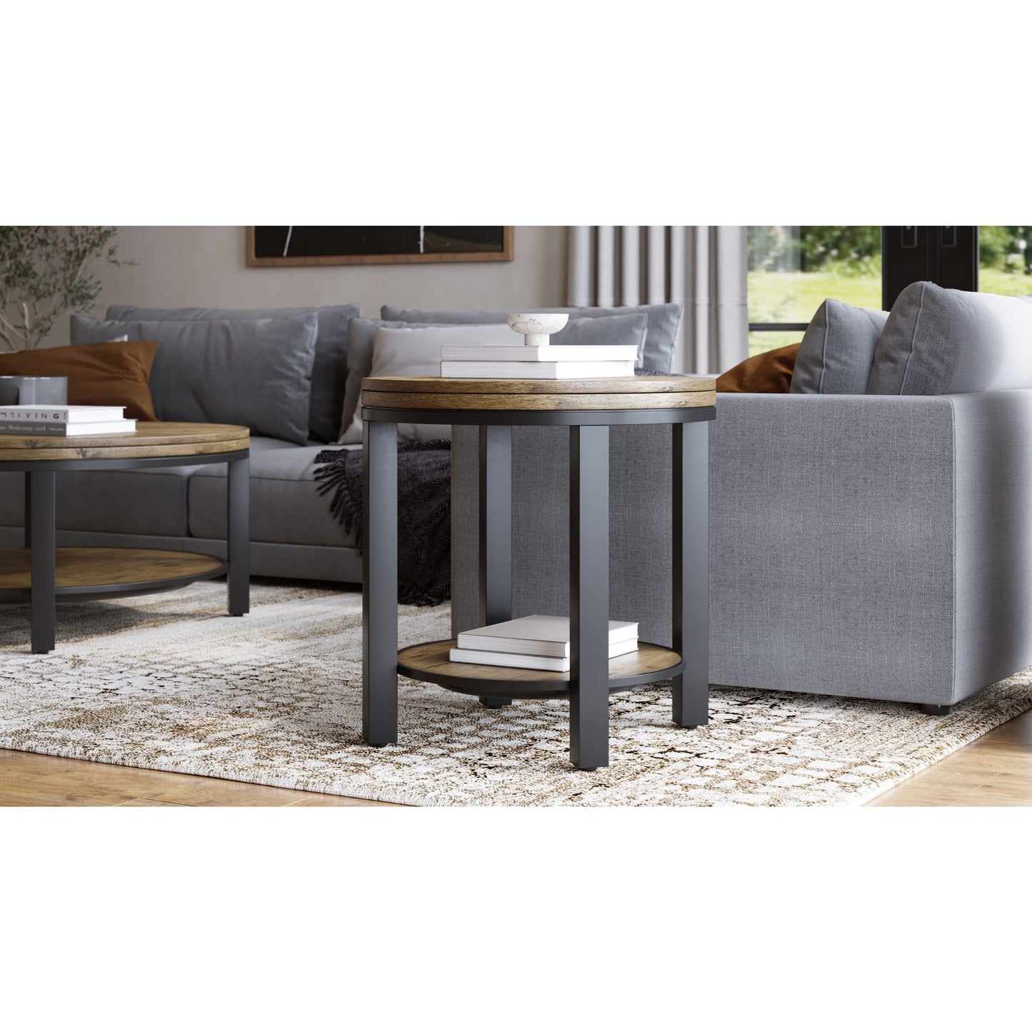 Modus Canyon Solid Wood and Metal Round End Table in Washed Grey