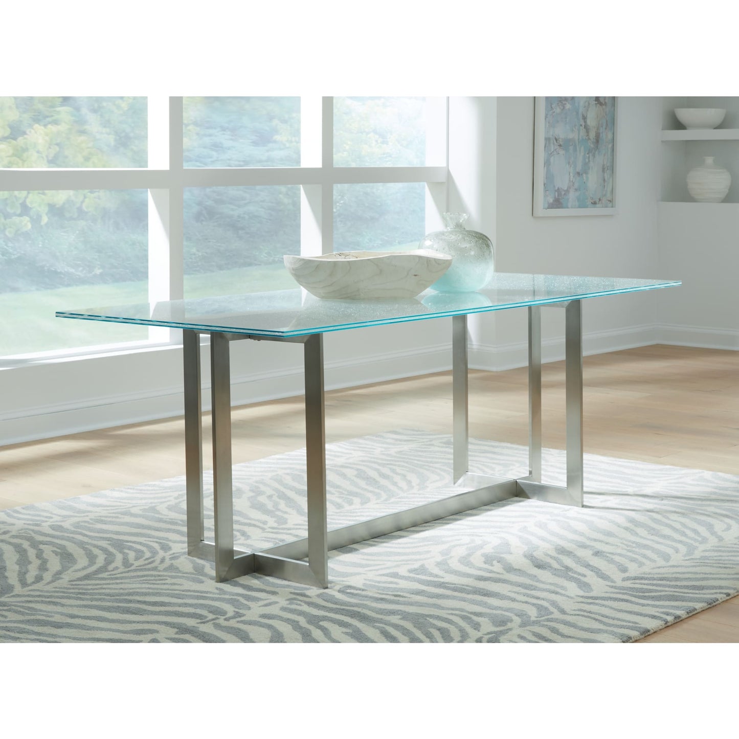 Modus Eliza Cracked Glass Dining Table in Brushed Stainless Steel