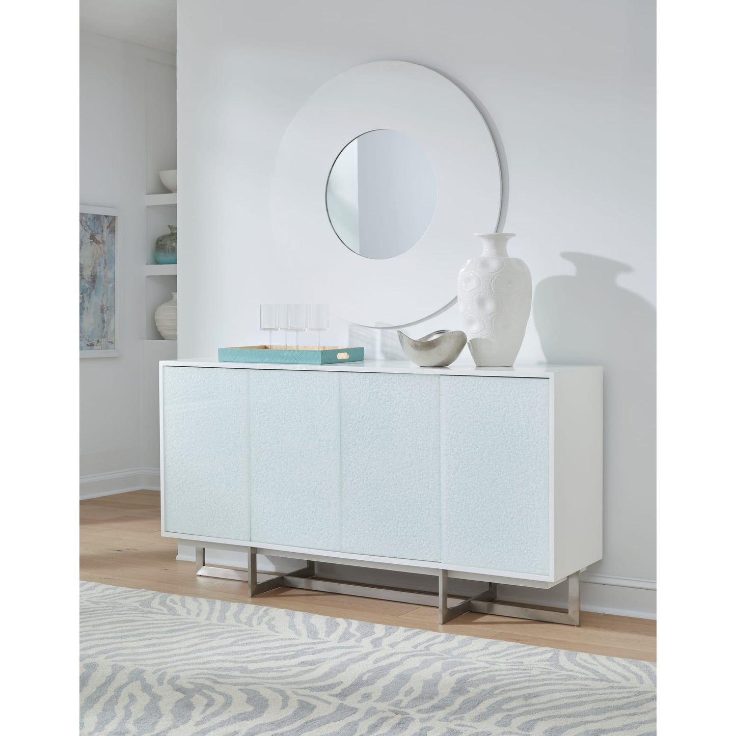 Modus Eliza Cracked Glass Sideboard in Brushed Stainless in White and Brushed Stainless Steel