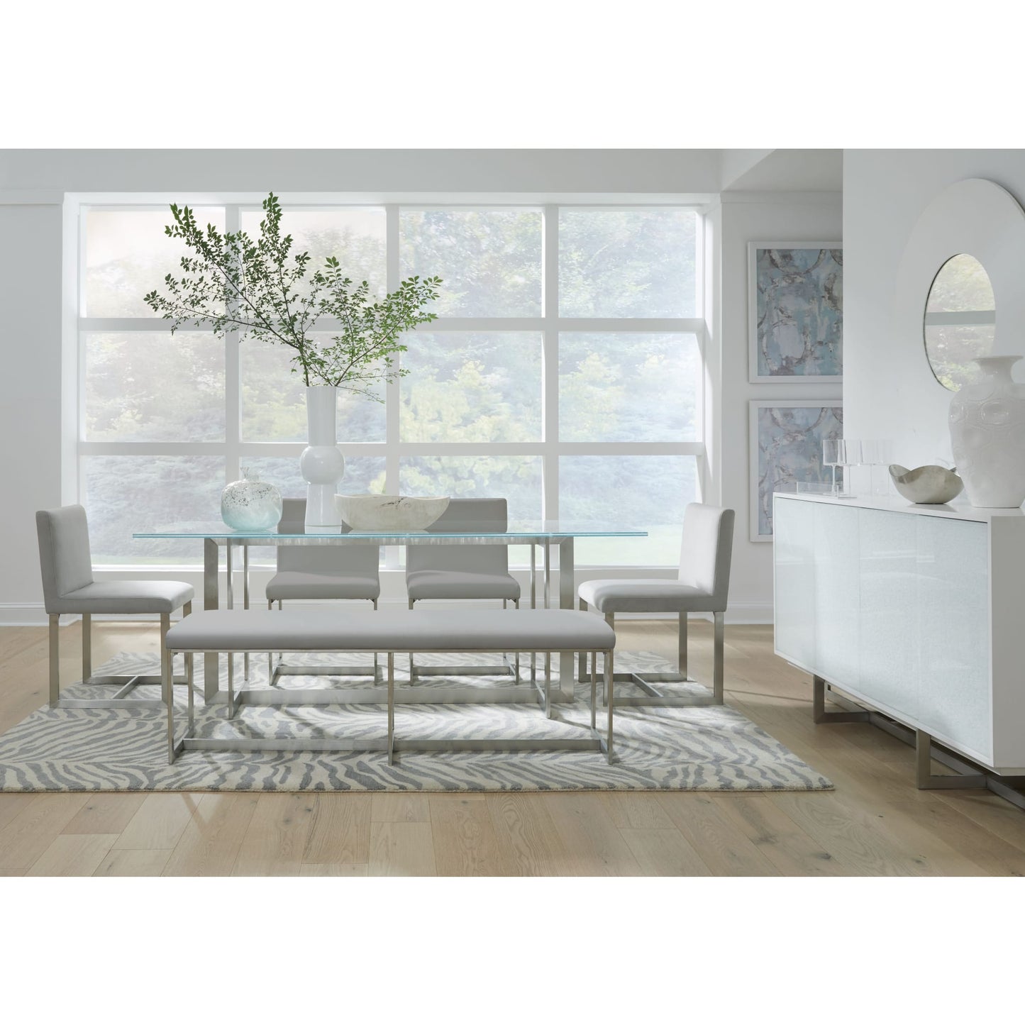 Modus Eliza Upholstered Dining Bench in Dove and Brushed Stainless Steel