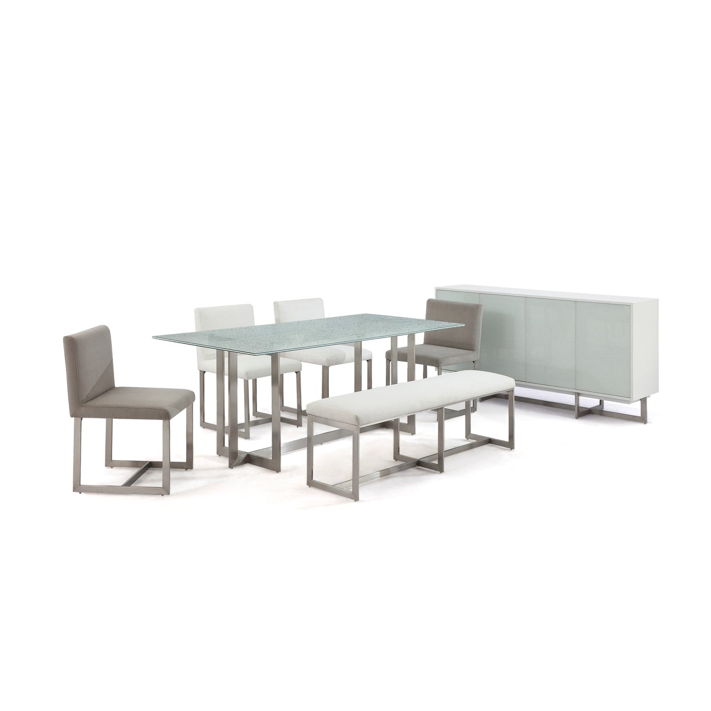 Modus Eliza Upholstered Dining Bench in Dove and Brushed Stainless Steel