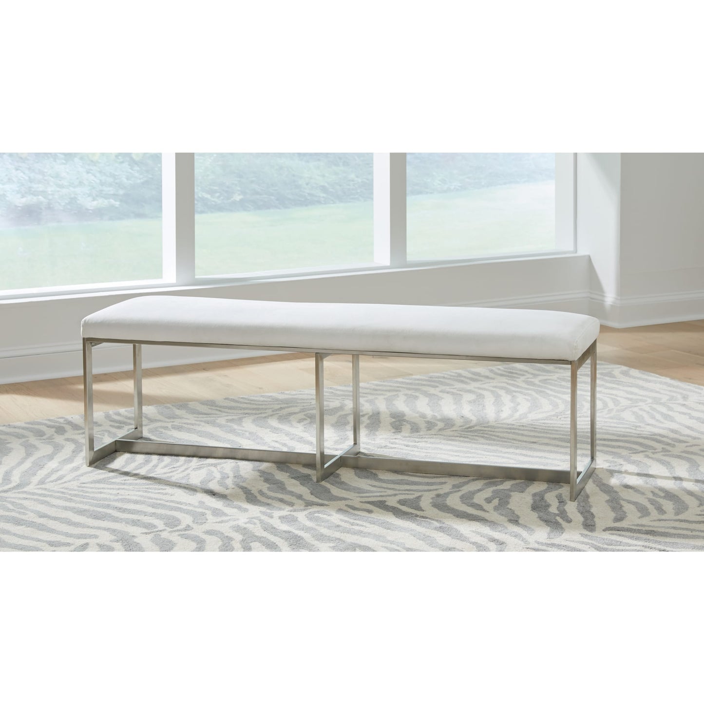 Modus Eliza Upholstered Dining Bench in Pearl and Brushed Stainless Steel