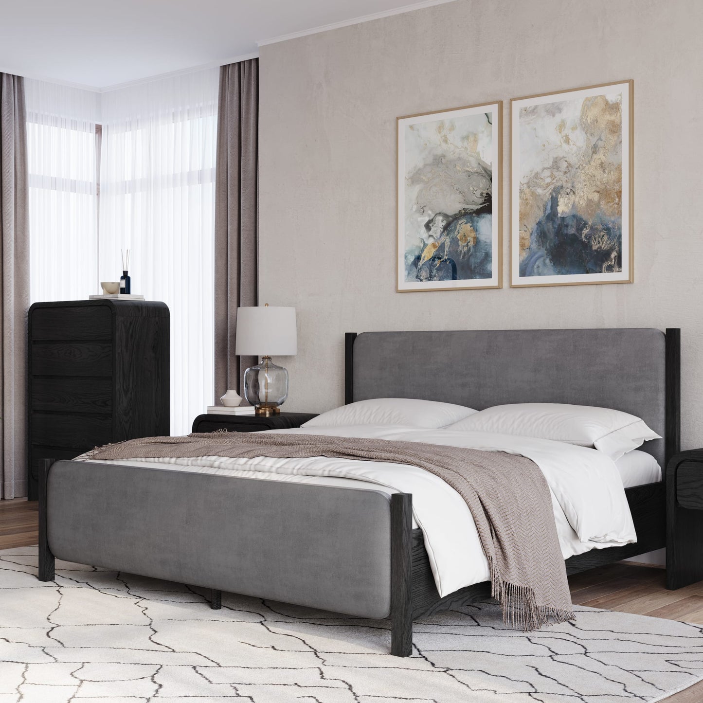 Modus Elora Wood and Velvet Upholstered Bed in Jet and Charcoal