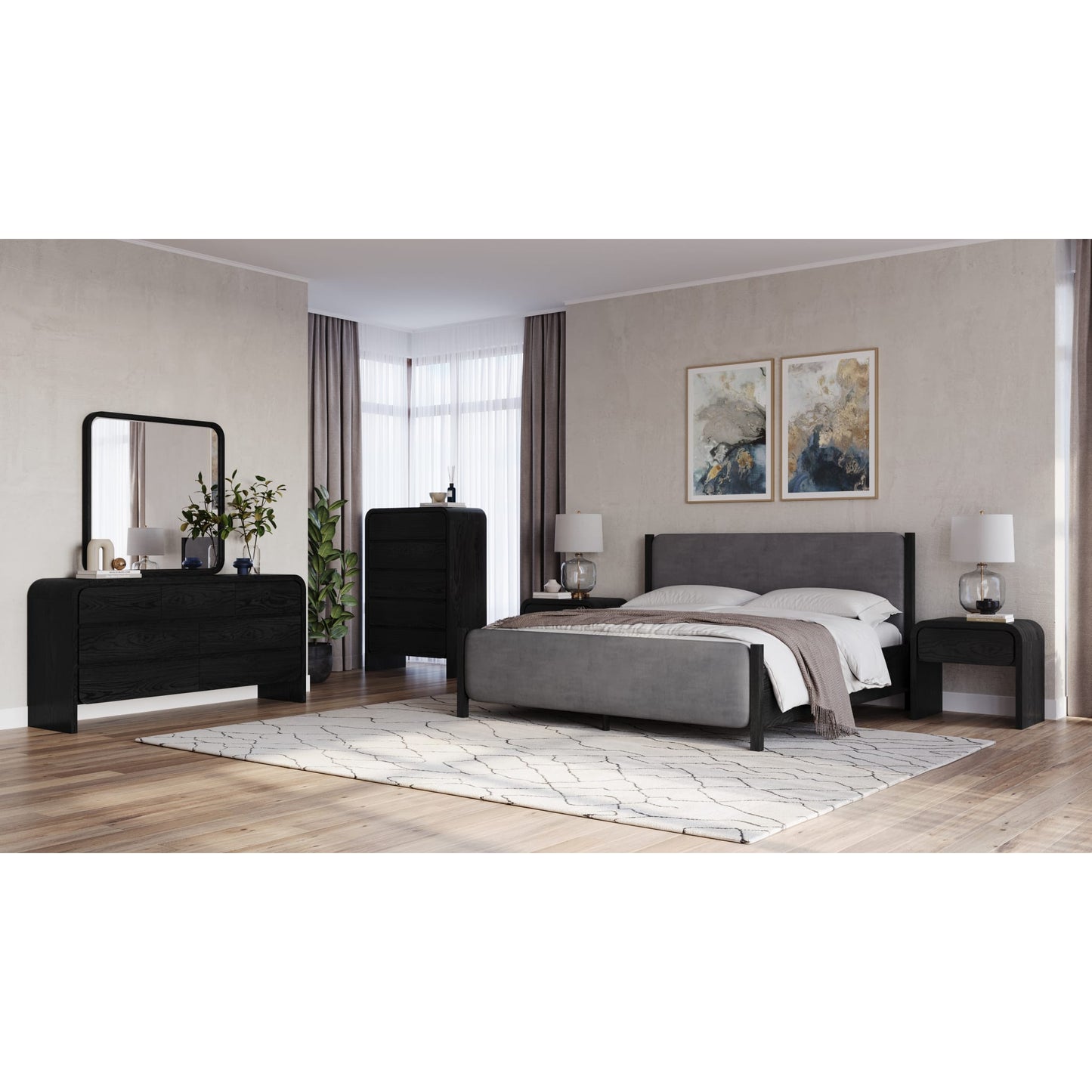 Modus Elora Wood and Velvet Upholstered Bed in Jet and Charcoal