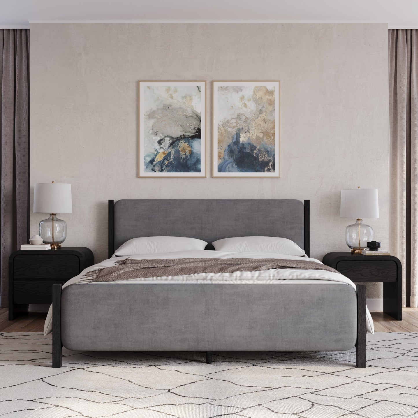 Modus Elora Wood and Velvet Upholstered Bed in Jet and Charcoal