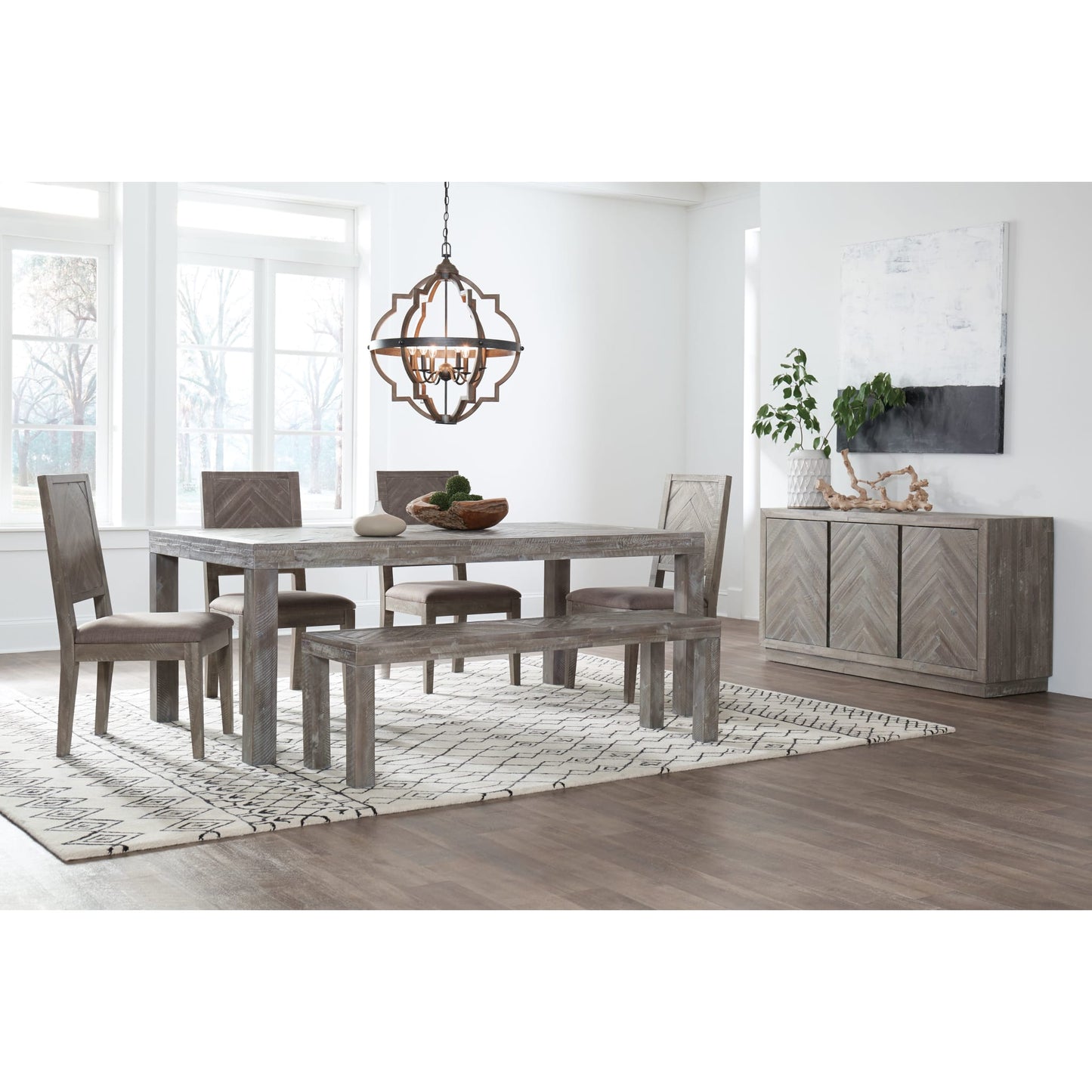 Modus Herringbone Solid Wood Dining Bench in Rustic Latte