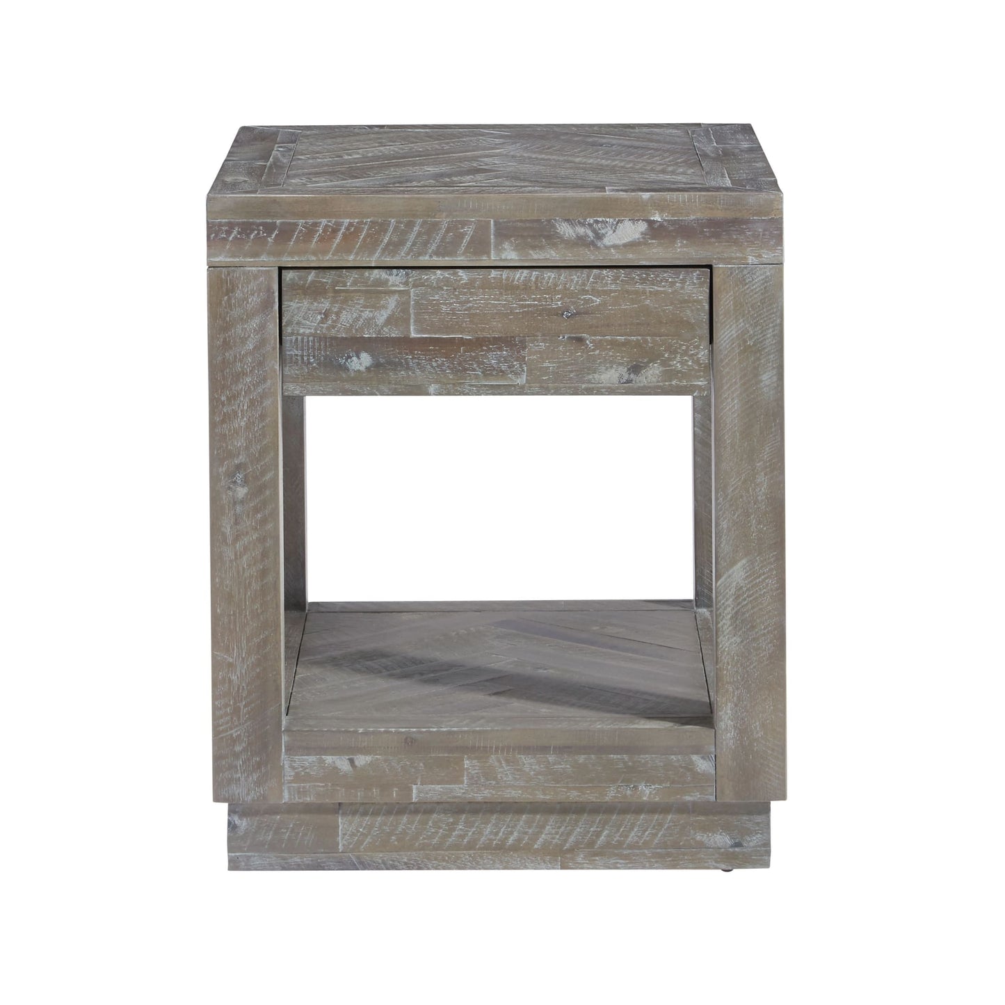 Modus Herringbone Solid Wood One Drawer End Table in Rustic Latte