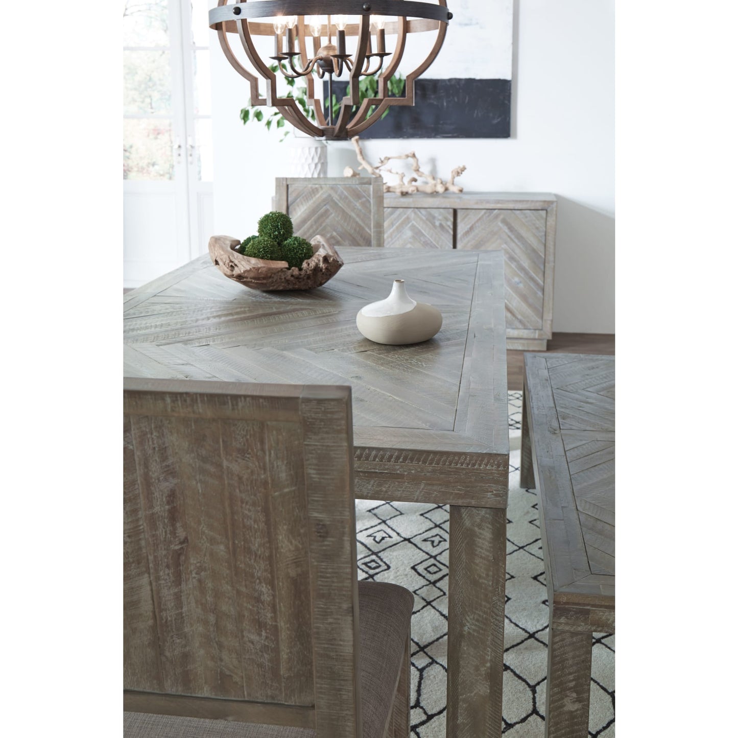 Modus Herringbone Solid Wood Rectangular Dining Table in Rustic Latte