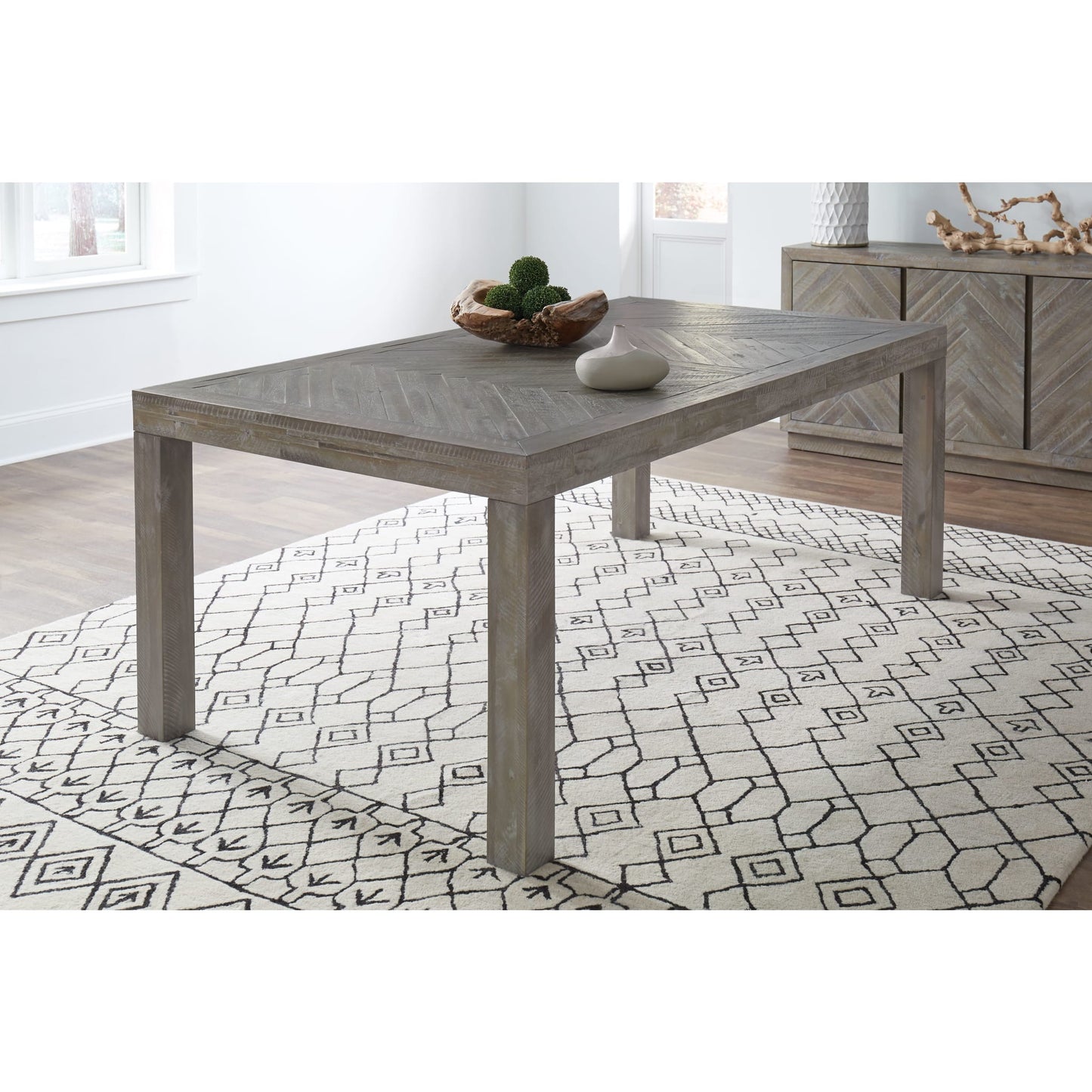 Modus Herringbone Solid Wood Rectangular Dining Table in Rustic Latte
