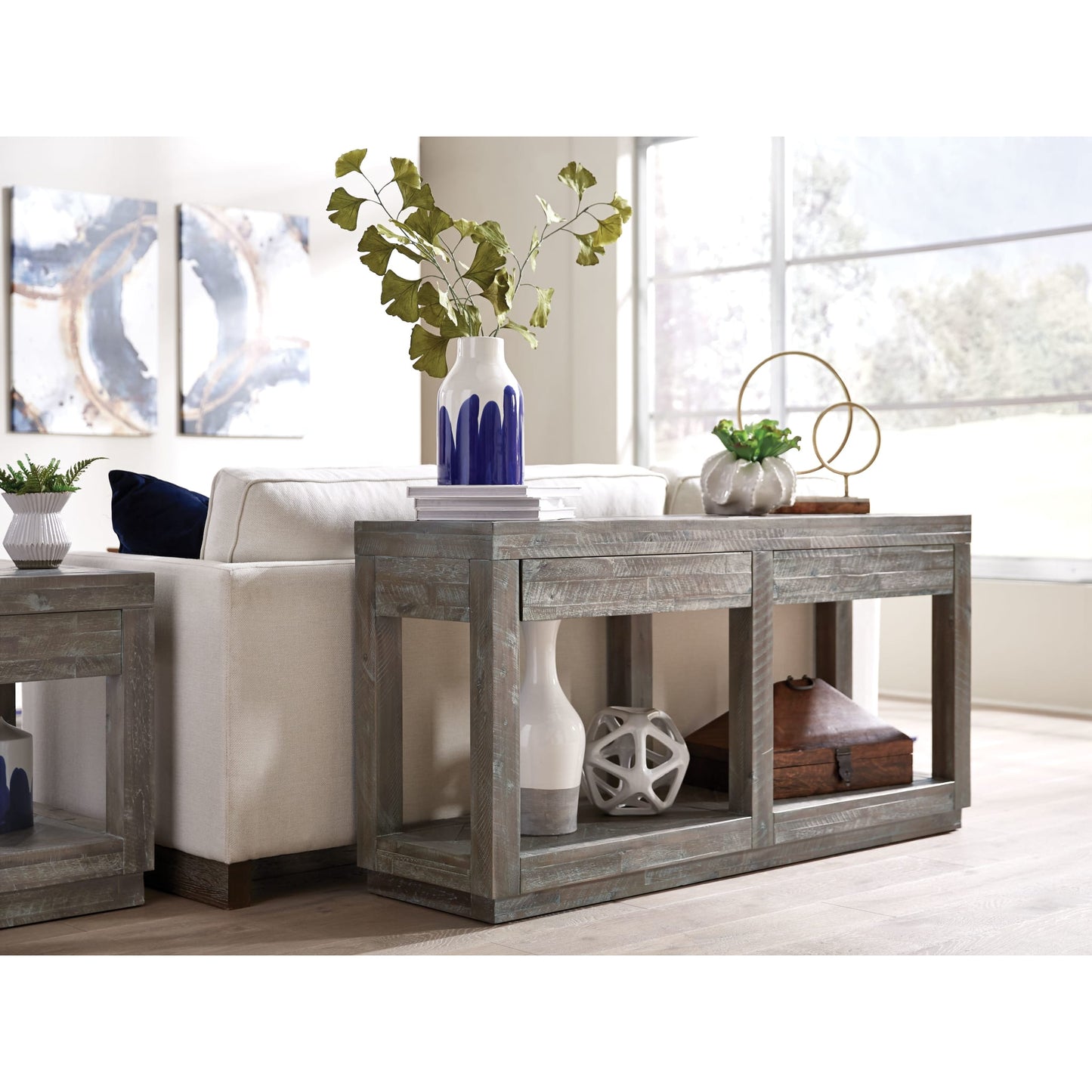 Modus Herringbone Solid Wood Two Drawer Console in Rustic Latte