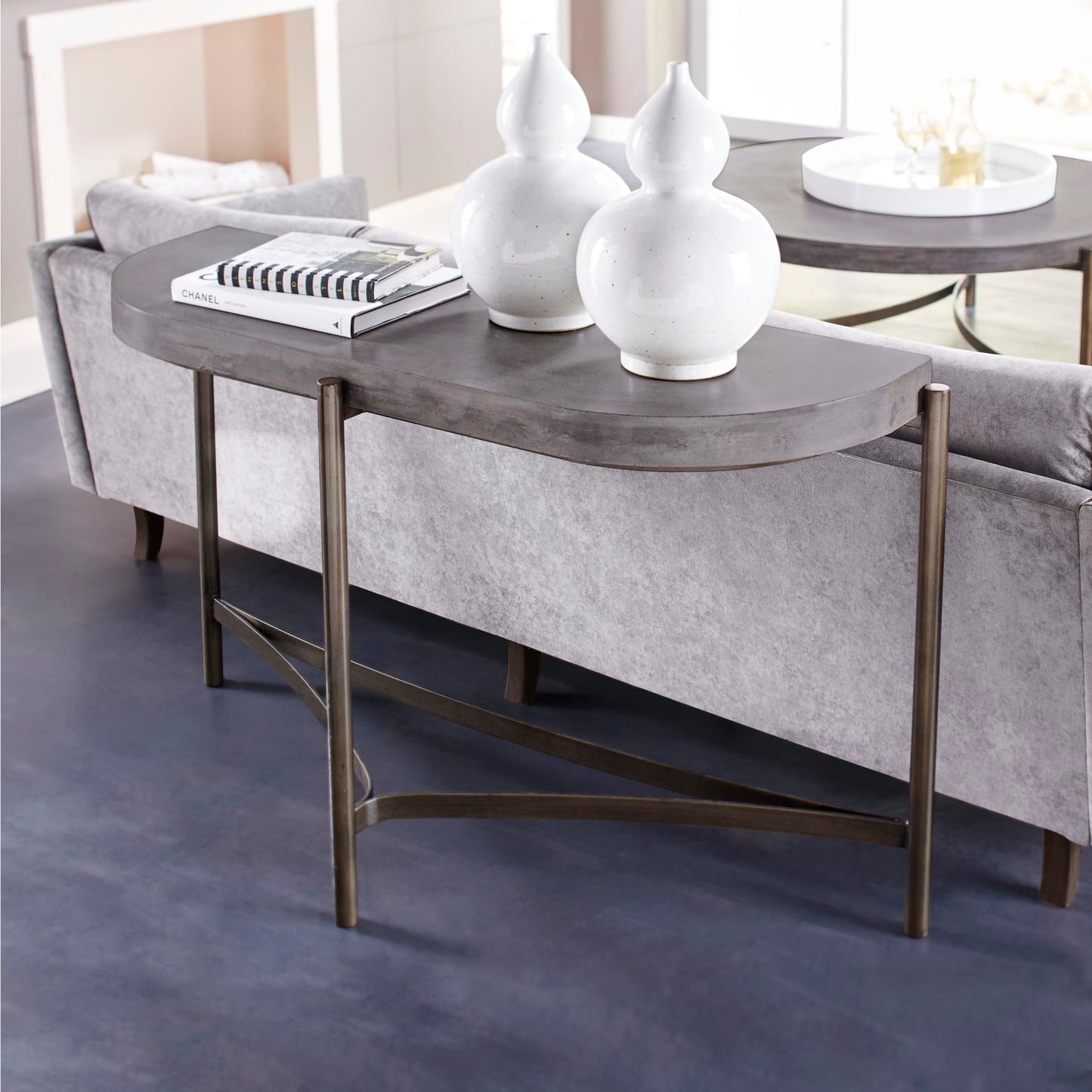 Modus Lyon Semi-circular Natural Concrete and Metal Console Table