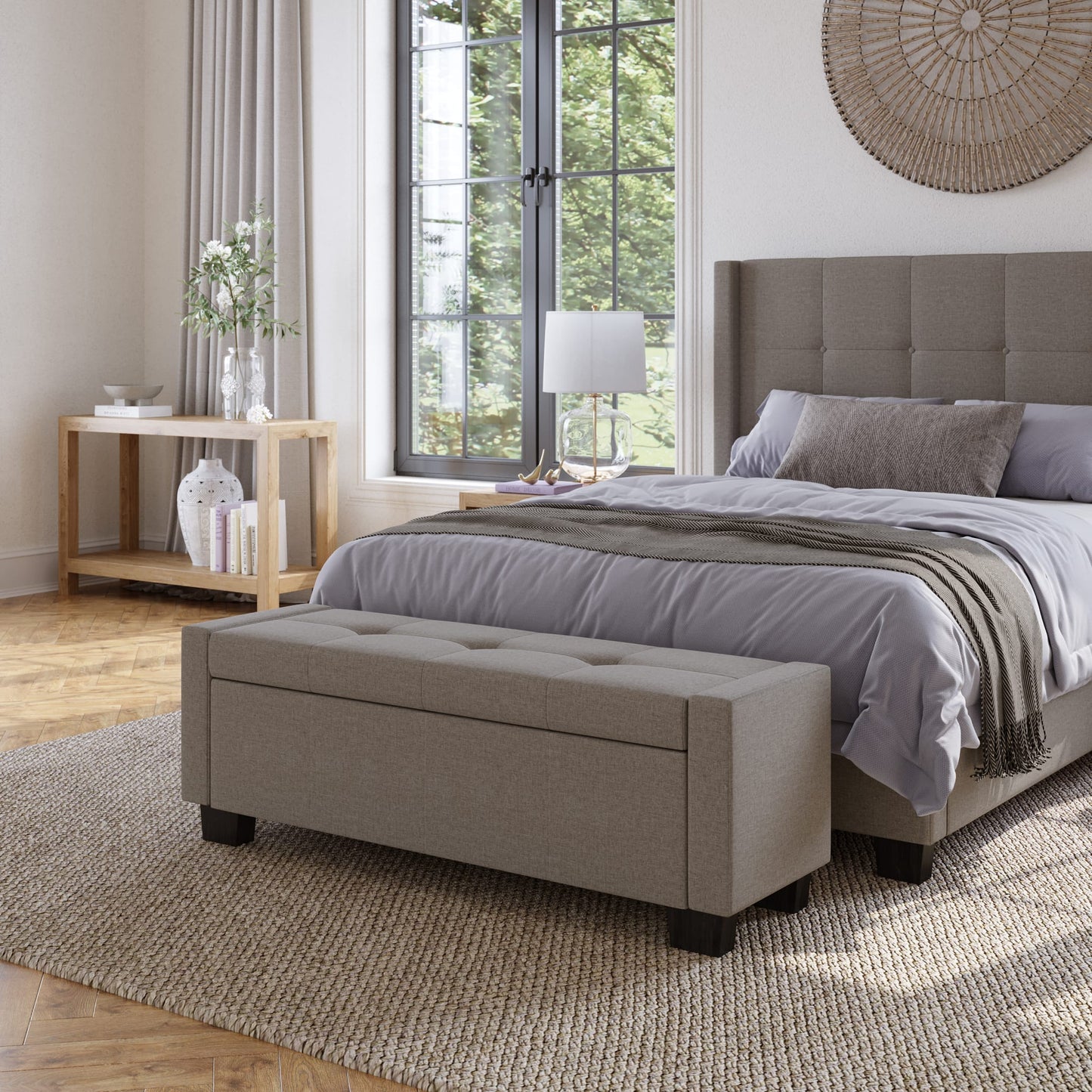 Modus Madeleine Tufted Storage Bench in Dolphin Linen