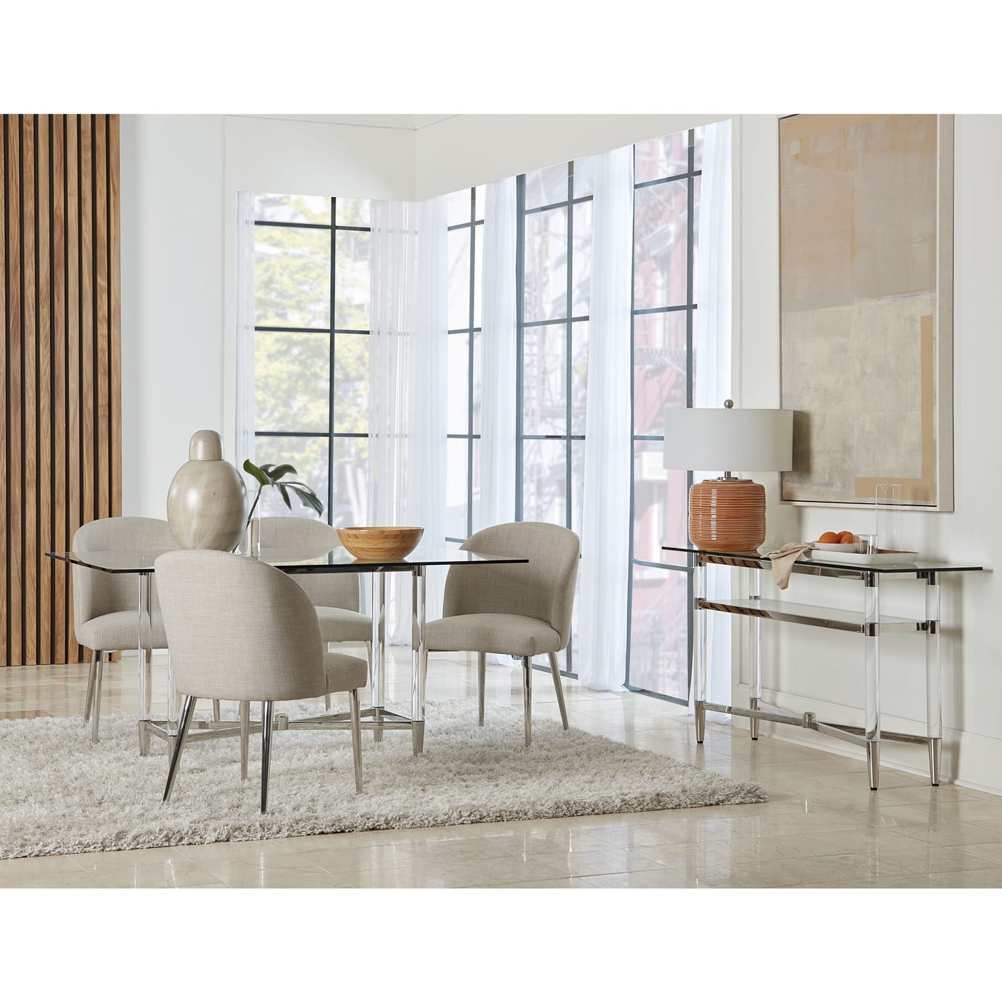 Modus Marilyn Glass Top Dining Server in Polished Stainless Steel and Clear Acrylic