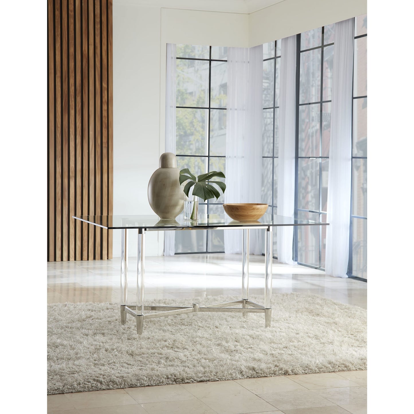 Modus Marilyn Glass Top Dining Table in Polished Stainless Steel and Clear Acrylic